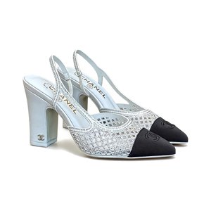 CHANEL Double C Crystal Pointed Open-back Block Heel Sandals Genuine Lambskin Italian Leather Sole