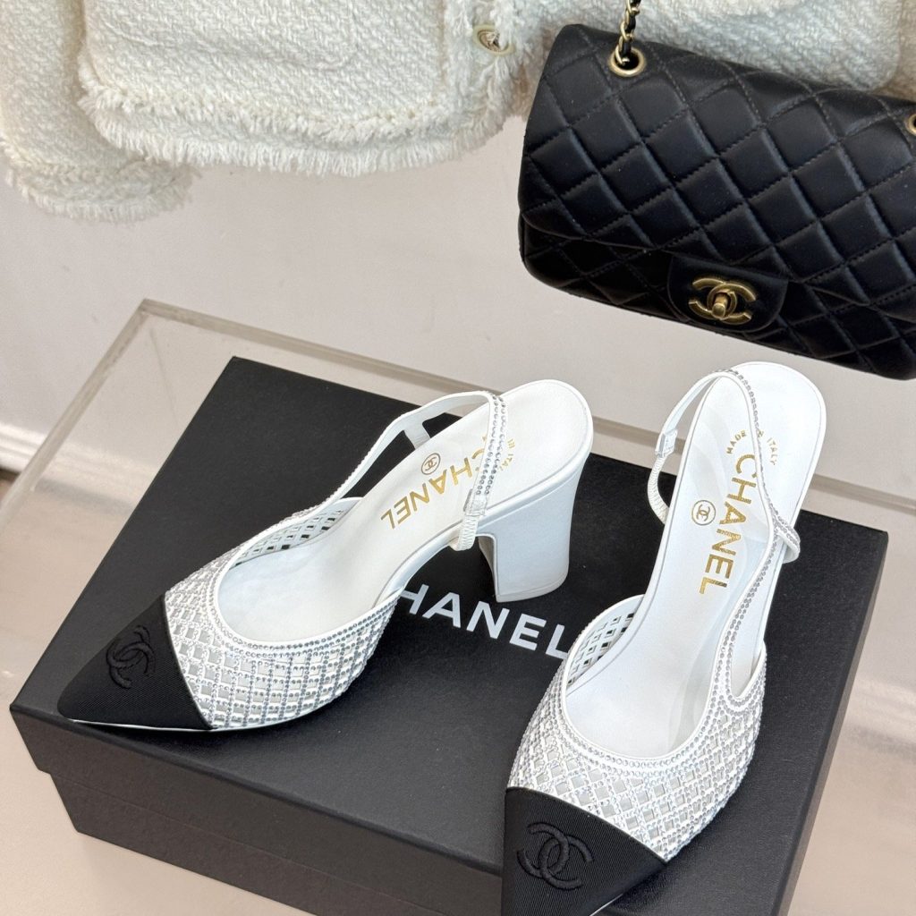 CHANEL Double C Crystal Pointed Open-back Block Heel Sandals Genuine Lambskin Italian Leather Sole