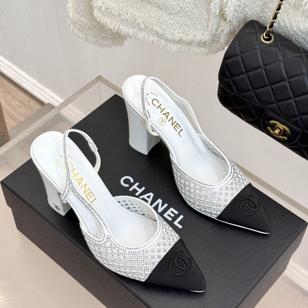CHANEL Double C Crystal Pointed Open-back Block Heel Sandals Genuine Lambskin Italian Leather Sole