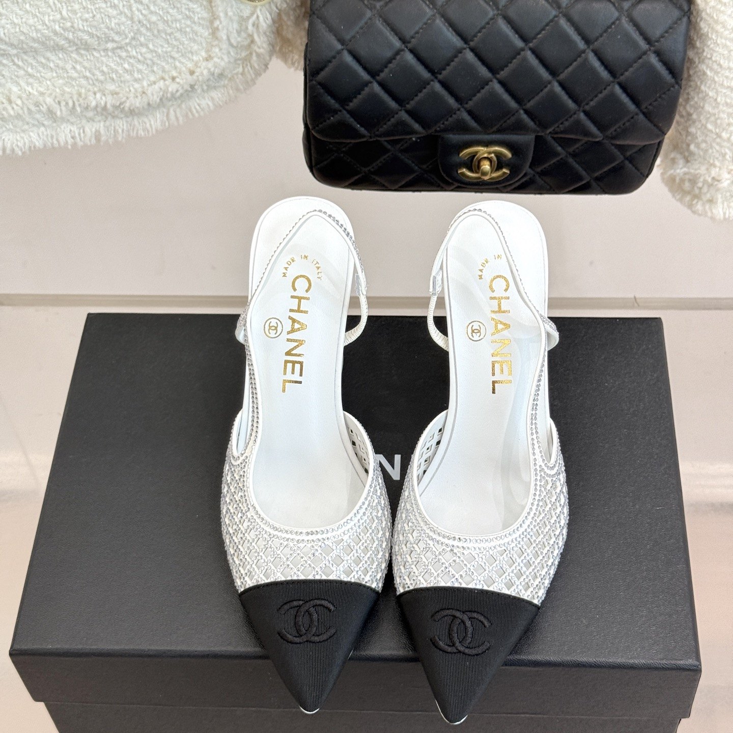 CHANEL Double C Crystal Pointed Open-back Block Heel Sandals Genuine Lambskin Italian Leather Sole