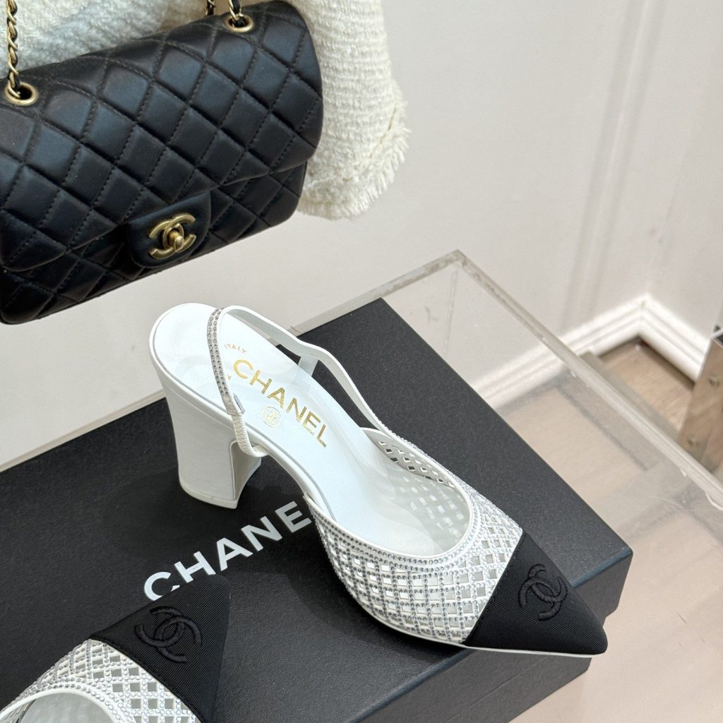 CHANEL Double C Crystal Pointed Open-back Block Heel Sandals Genuine Lambskin Italian Leather Sole