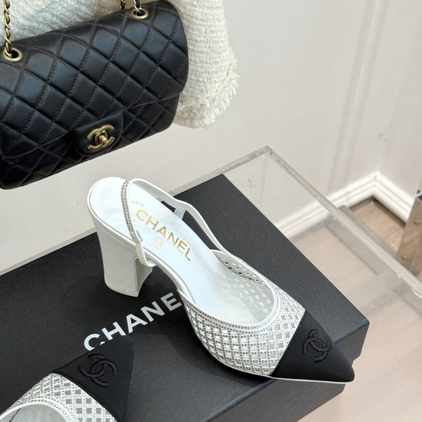 CHANEL Double C Crystal Pointed Open-back Block Heel Sandals Genuine Lambskin Italian Leather Sole