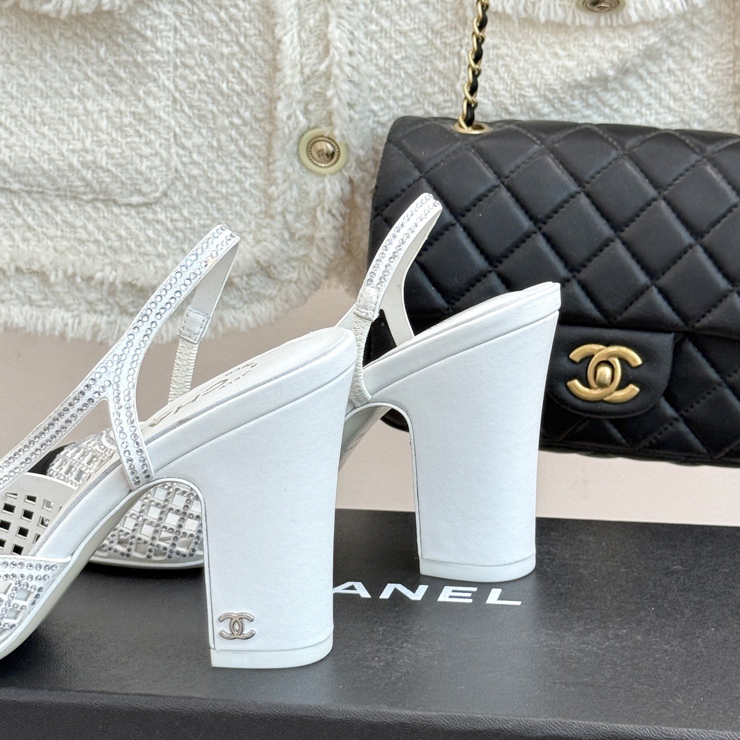 CHANEL Double C Crystal Pointed Open-back Block Heel Sandals Genuine Lambskin Italian Leather Sole