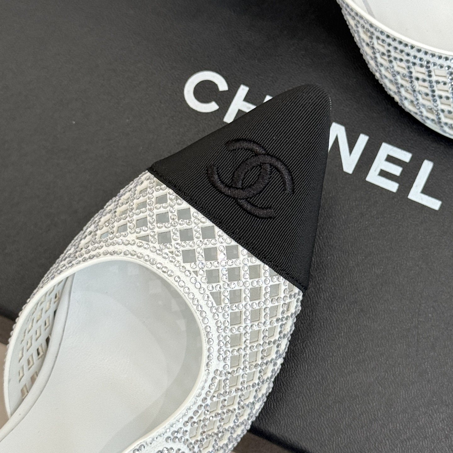 CHANEL Double C Crystal Pointed Open-back Block Heel Sandals Genuine Lambskin Italian Leather Sole