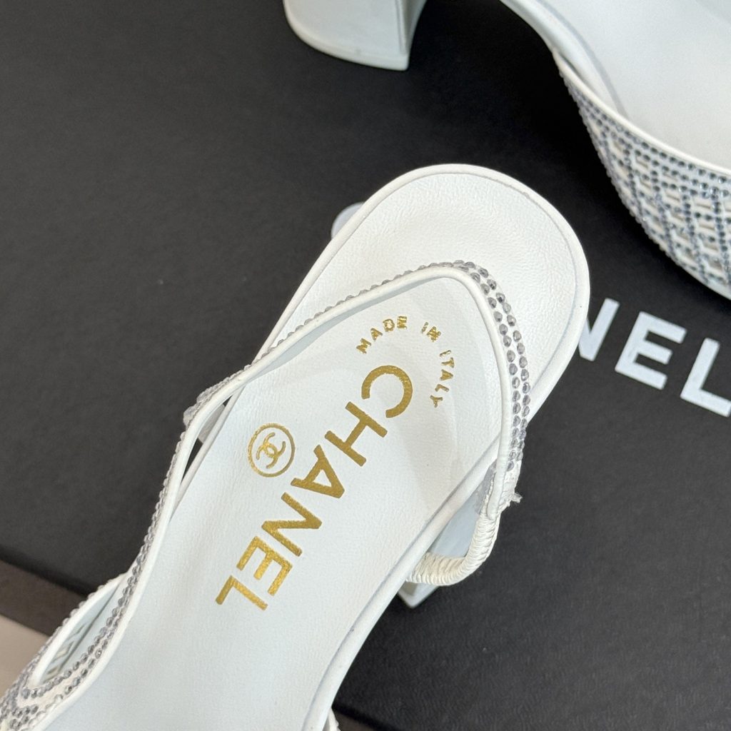 CHANEL Double C Crystal Pointed Open-back Block Heel Sandals Genuine Lambskin Italian Leather Sole