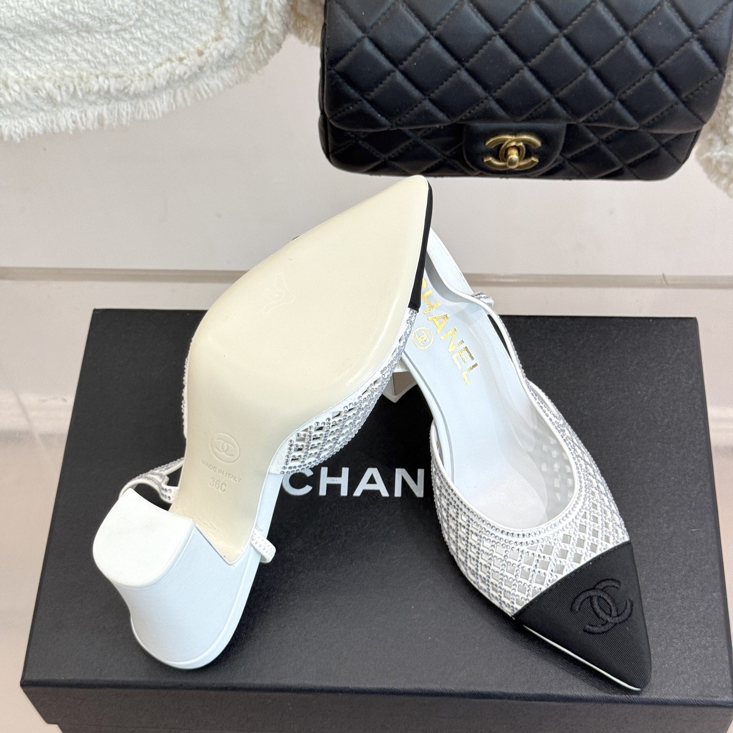 CHANEL Double C Crystal Pointed Open-back Block Heel Sandals Genuine Lambskin Italian Leather Sole