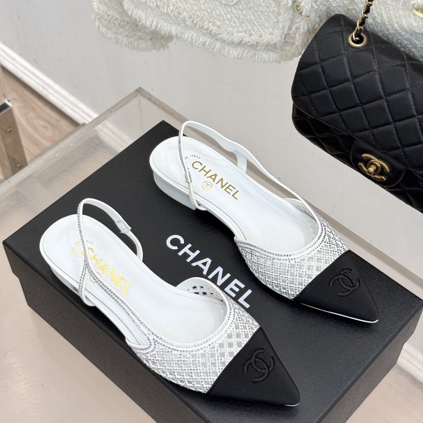 CHANEL Double C Square Toe Glossy Leather Flat Loafers in Genuine Lambskin Italian Leather Sole