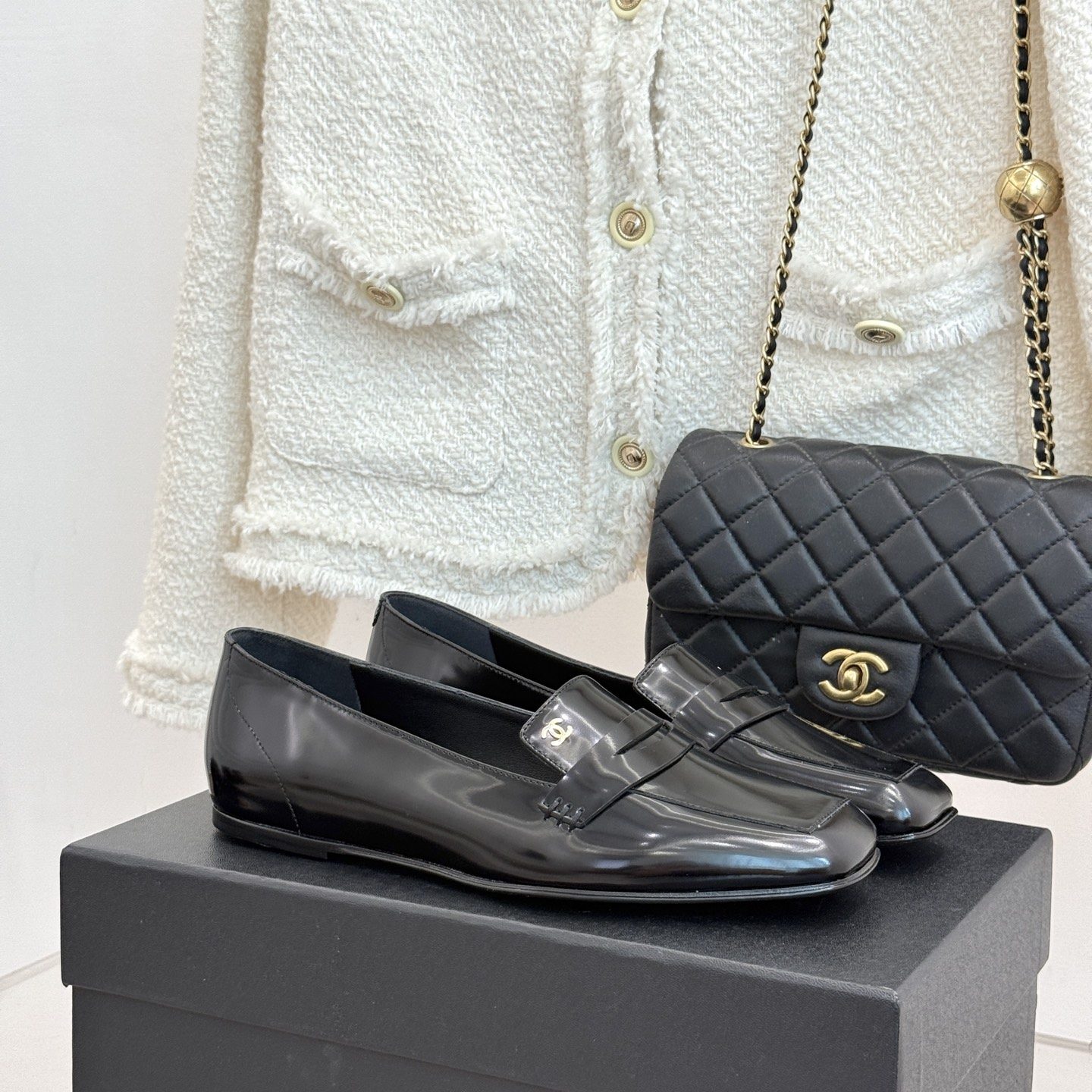 CHANEL Double C Square Toe Glossy Leather Flat Loafers in Genuine Lambskin Italian Leather Sole