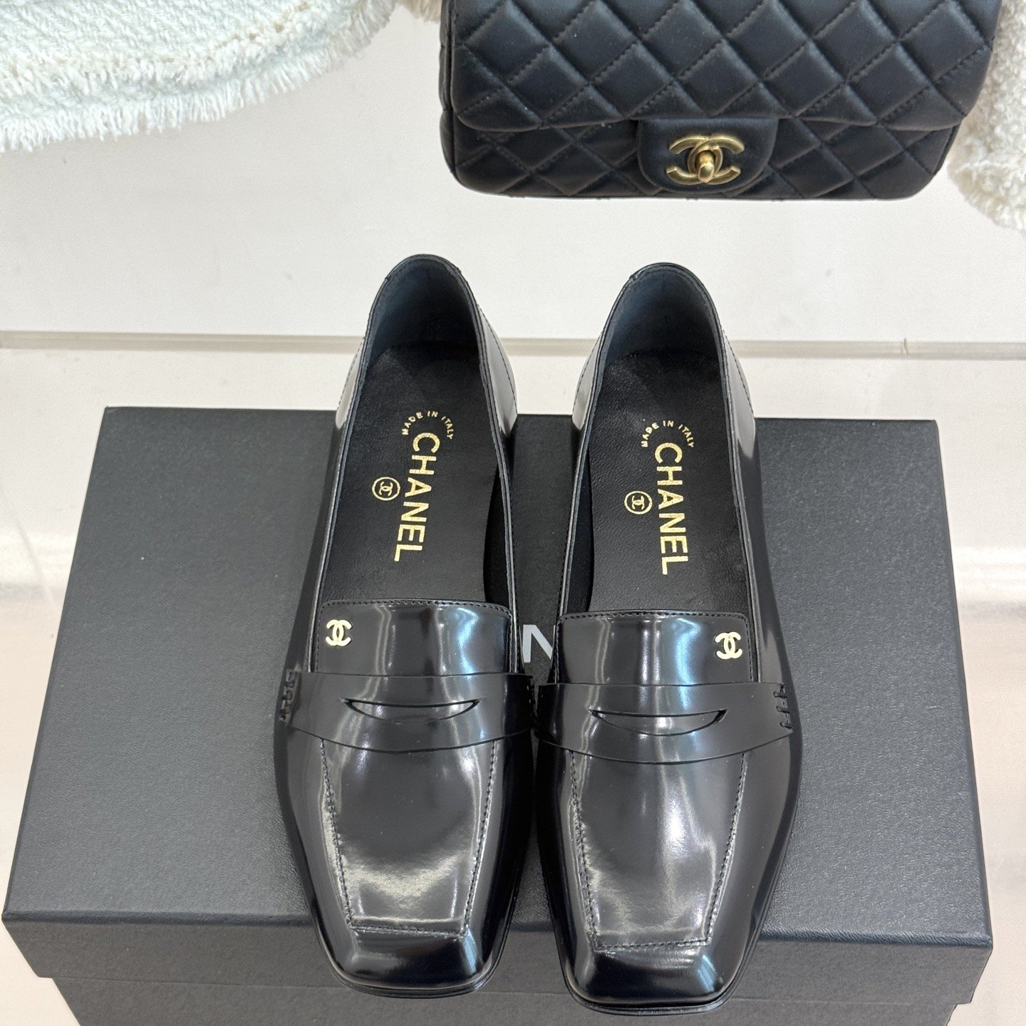 CHANEL Double C Square Toe Glossy Leather Flat Loafers in Genuine Lambskin Italian Leather Sole