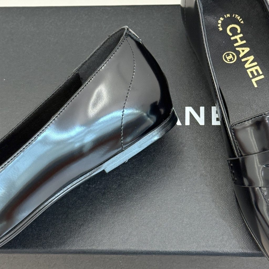 CHANEL Double C Square Toe Glossy Leather Flat Loafers in Genuine Lambskin Italian Leather Sole