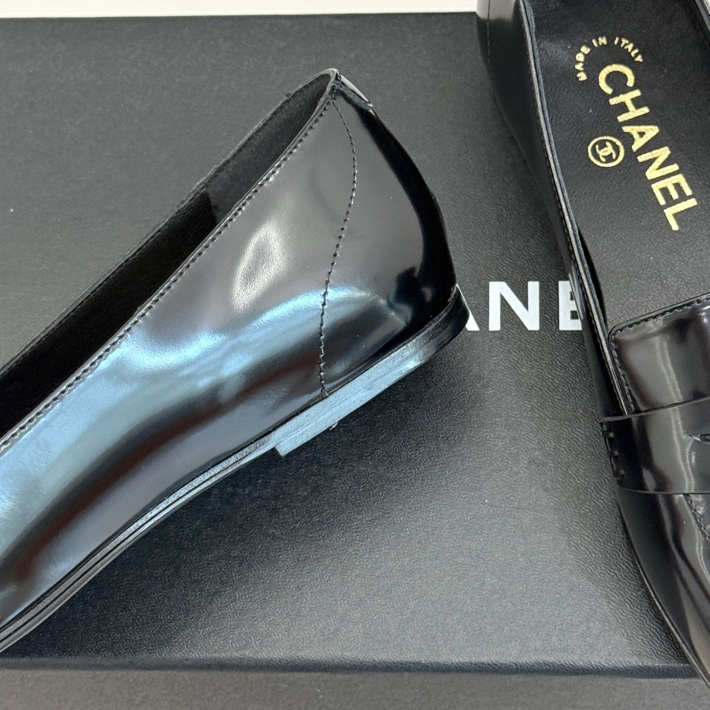 CHANEL Double C Square Toe Glossy Leather Flat Loafers in Genuine Lambskin Italian Leather Sole