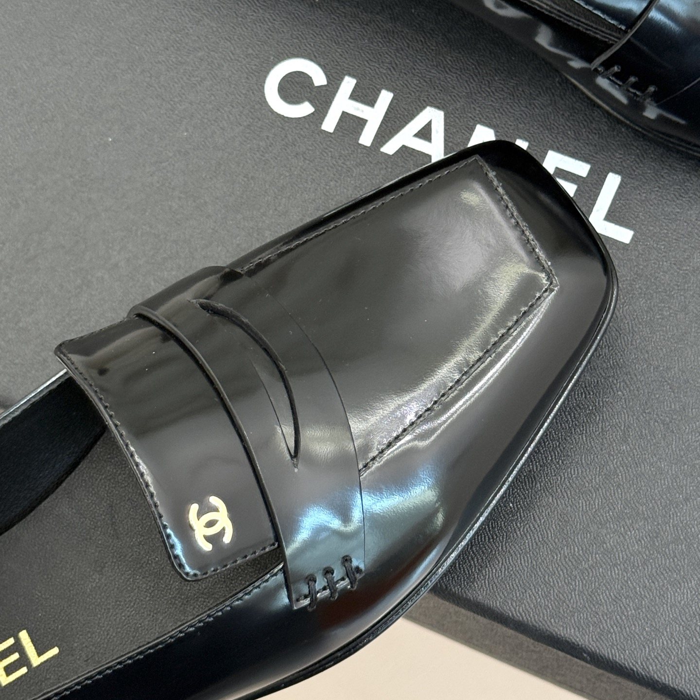 CHANEL Double C Square Toe Glossy Leather Flat Loafers in Genuine Lambskin Italian Leather Sole