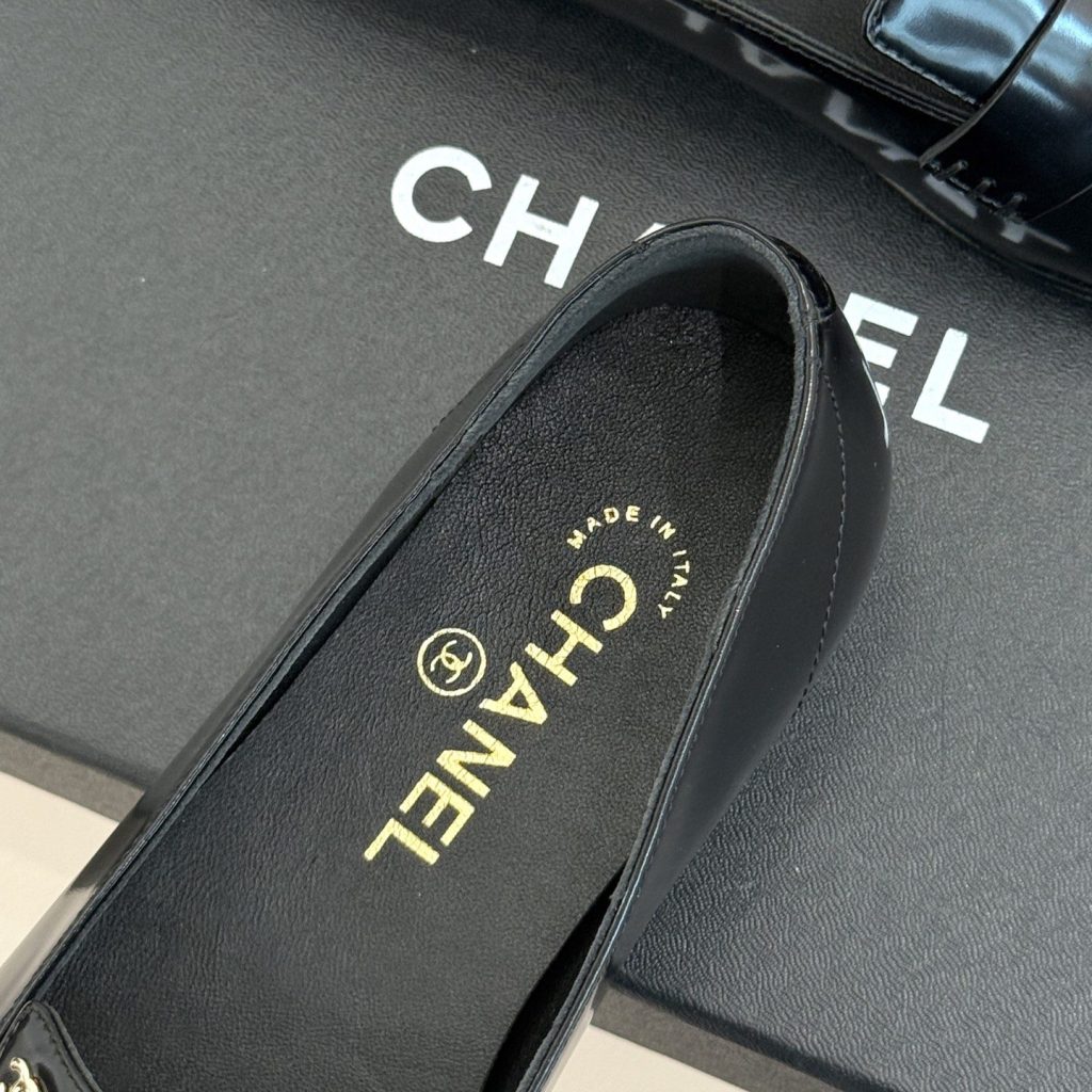 CHANEL Double C Square Toe Glossy Leather Flat Loafers in Genuine Lambskin Italian Leather Sole