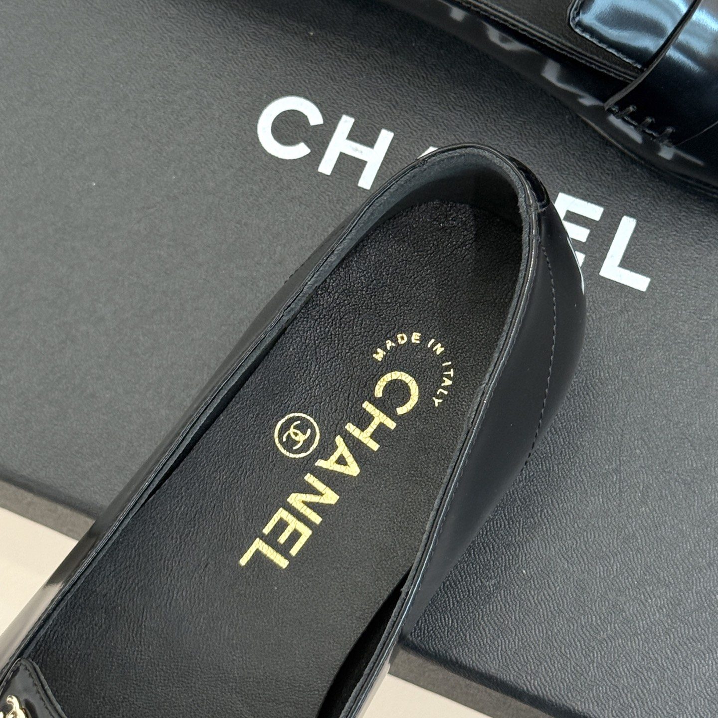 CHANEL Double C Square Toe Glossy Leather Flat Loafers in Genuine Lambskin Italian Leather Sole