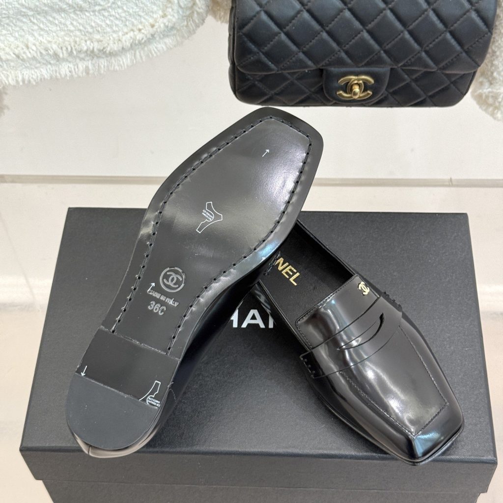 CHANEL Double C Square Toe Glossy Leather Flat Loafers in Genuine Lambskin Italian Leather Sole