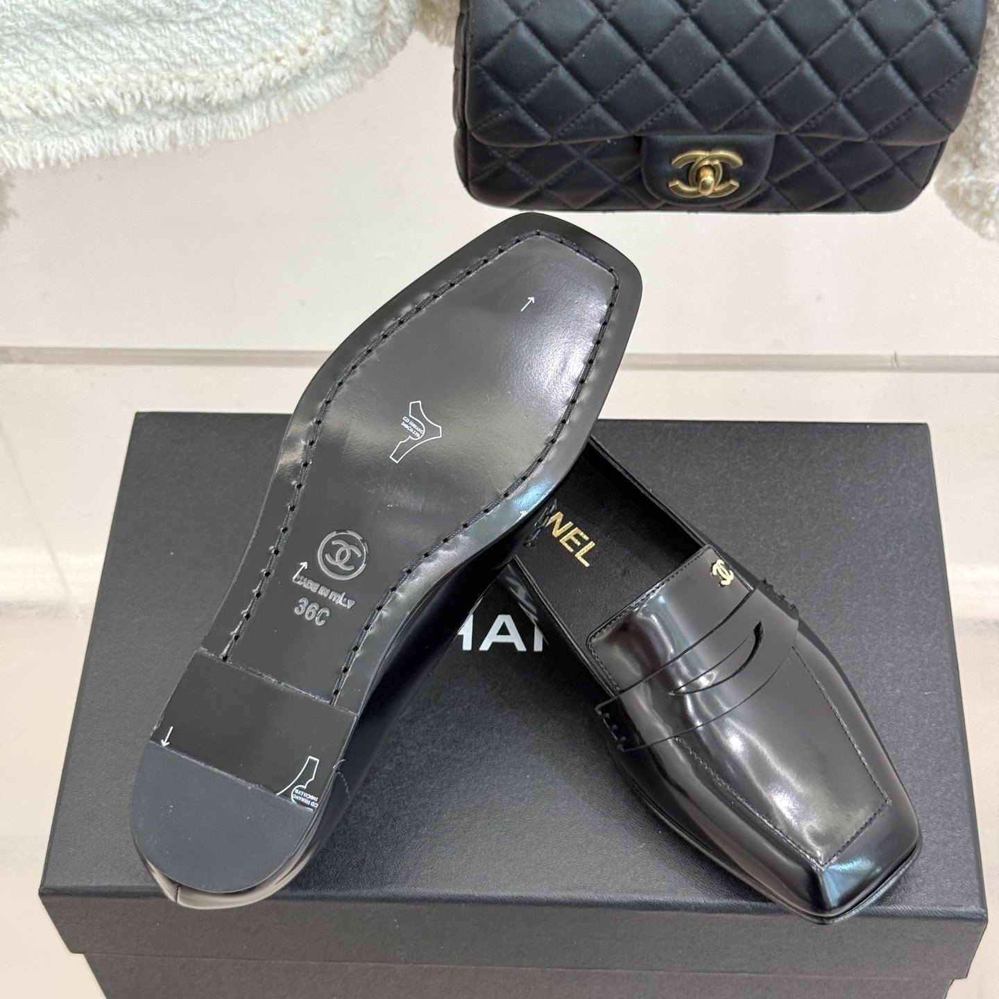 CHANEL Double C Square Toe Glossy Leather Flat Loafers in Genuine Lambskin Italian Leather Sole