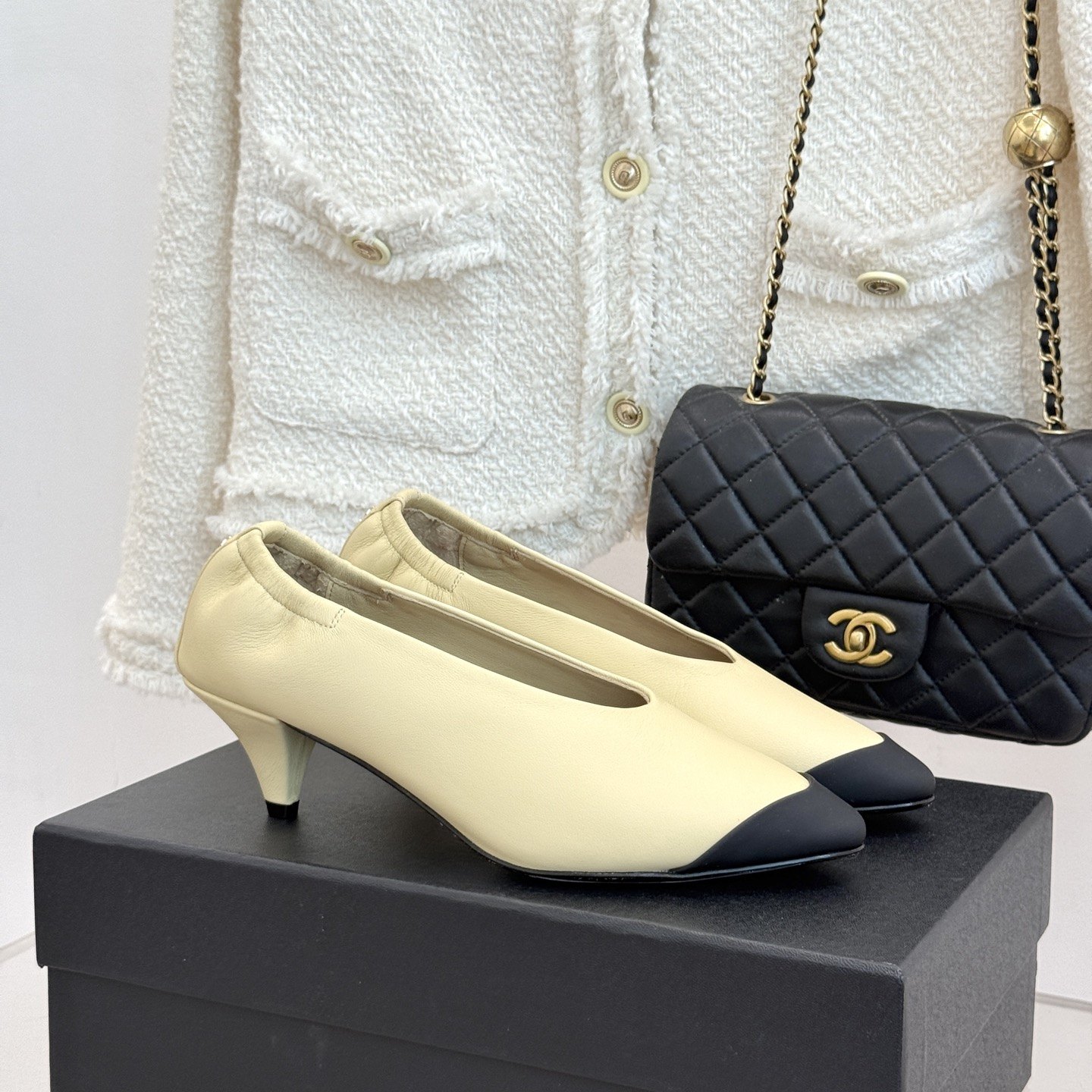 CHANEL Double C Colorblock Pleated Kitten Heel Pumps in Genuine Lambskin with Italian Leather Sole