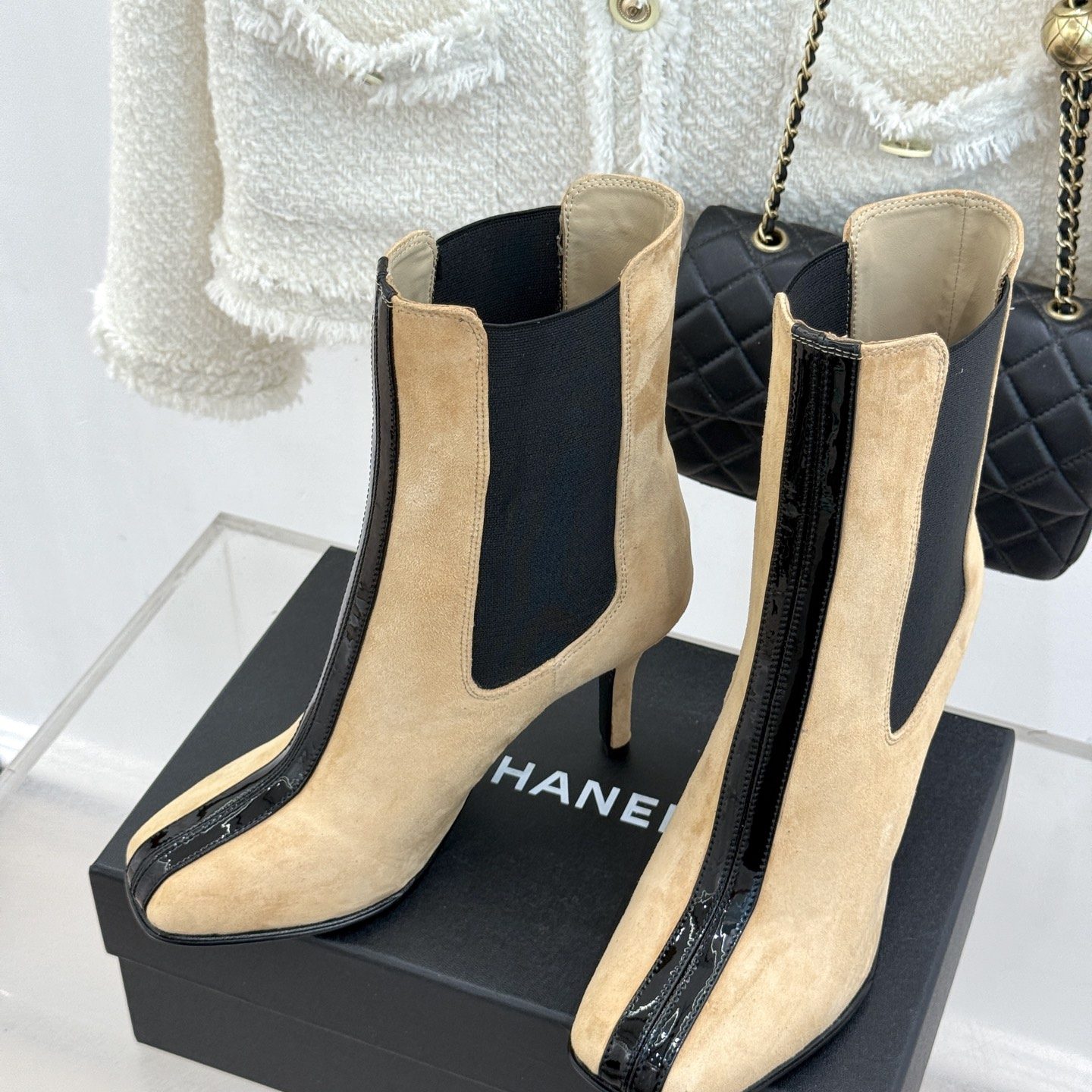 CHANEL Croc-embossed Square Toe Chelsea Ankle Boots in Genuine Lambskin Italian Leather Sole