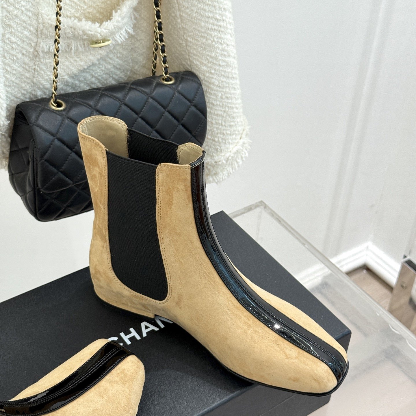 CHANEL Croc-embossed Square Toe Chelsea Boots in Genuine Lambskin Italian Leather Sole