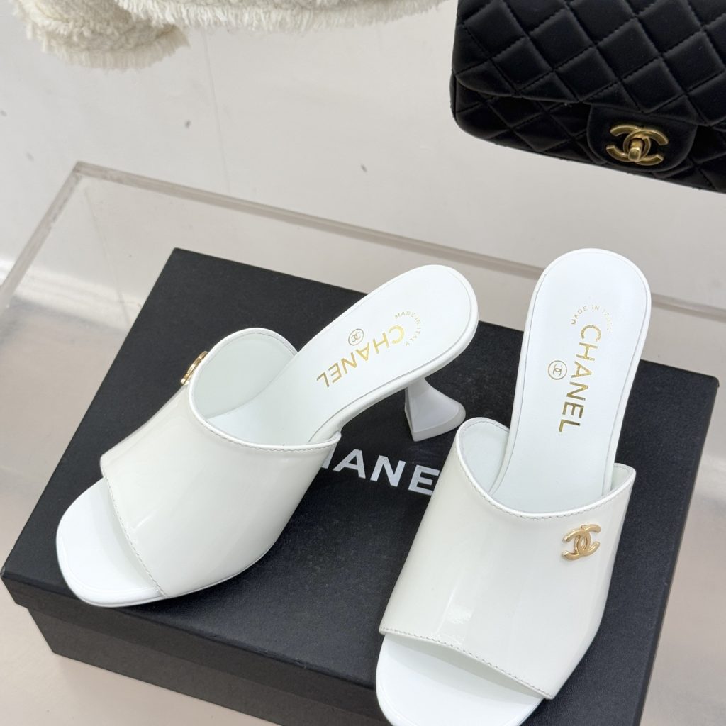 CHANEL Classic Open-Toe High Heel Slippers with Hourglass Heel in Silk Lambskin and Italian Leather Sole
