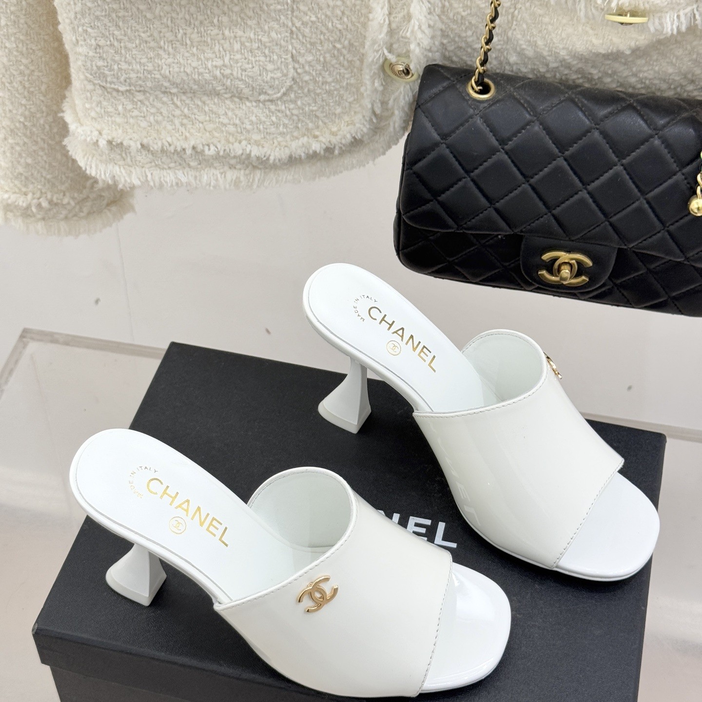 CHANEL Classic Open-Toe High Heel Slippers with Hourglass Heel in Silk Lambskin and Italian Leather Sole
