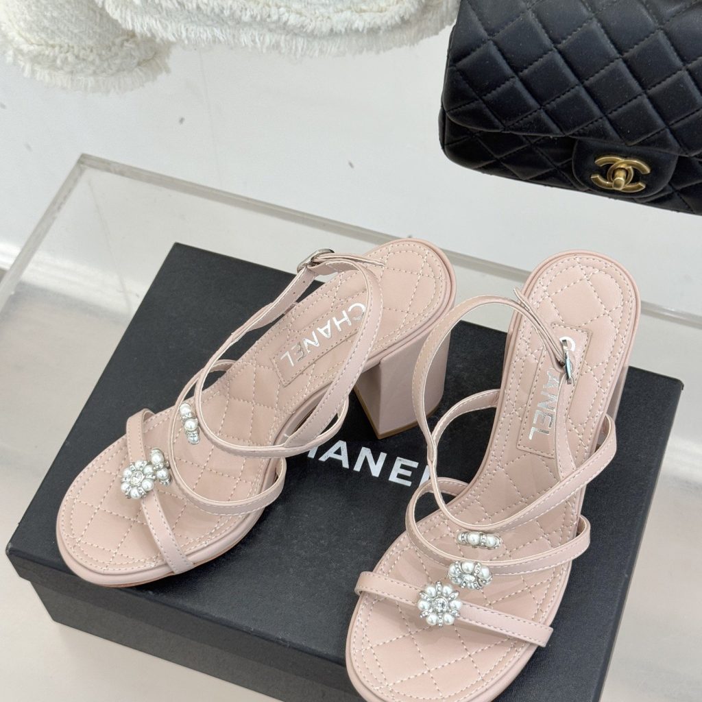 CHANEL Spring Camellia Pearl-Trimmed Block Heel Sandals in Genuine Lambskin with Italian Leather Sole