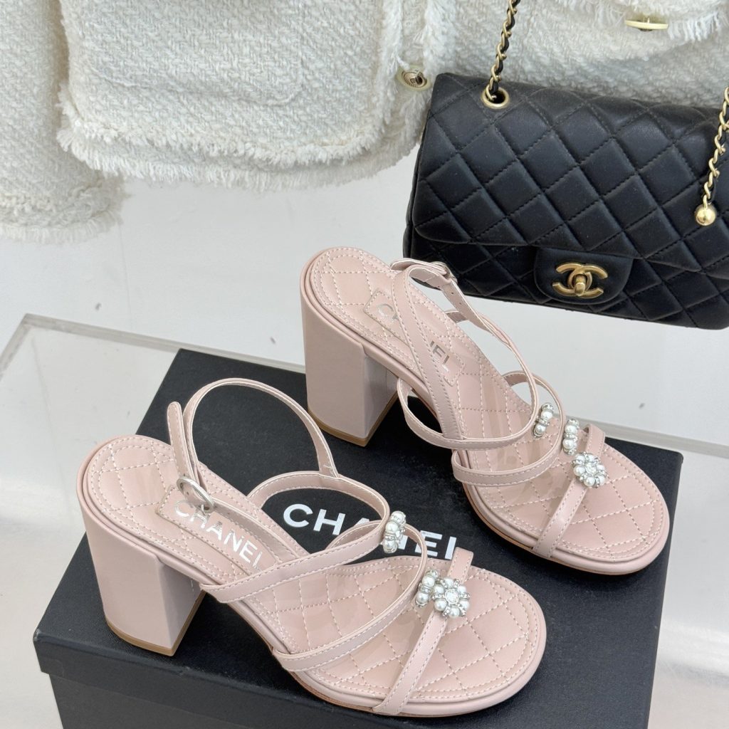 CHANEL Spring Camellia Pearl-Trimmed Block Heel Sandals in Genuine Lambskin with Italian Leather Sole