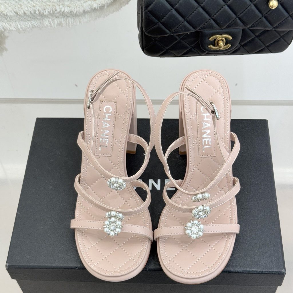 CHANEL Spring Camellia Pearl-Trimmed Block Heel Sandals in Genuine Lambskin with Italian Leather Sole