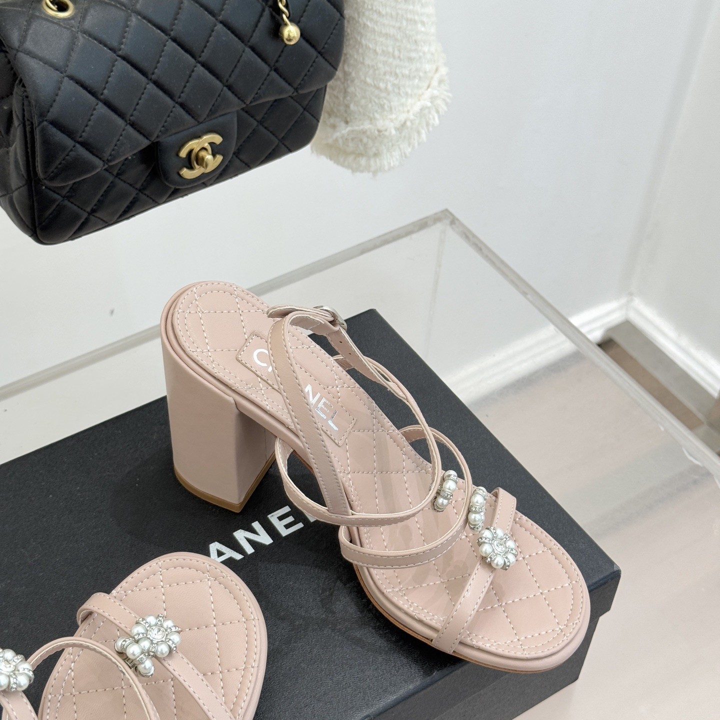 CHANEL Spring Camellia Pearl-Trimmed Block Heel Sandals in Genuine Lambskin with Italian Leather Sole