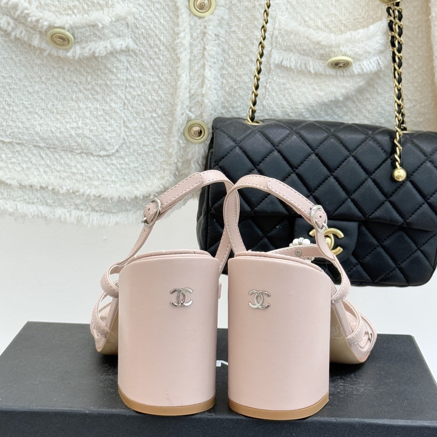 CHANEL Spring Camellia Pearl-Trimmed Block Heel Sandals in Genuine Lambskin with Italian Leather Sole
