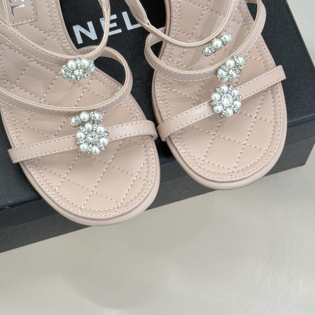 CHANEL Spring Camellia Pearl-Trimmed Block Heel Sandals in Genuine Lambskin with Italian Leather Sole