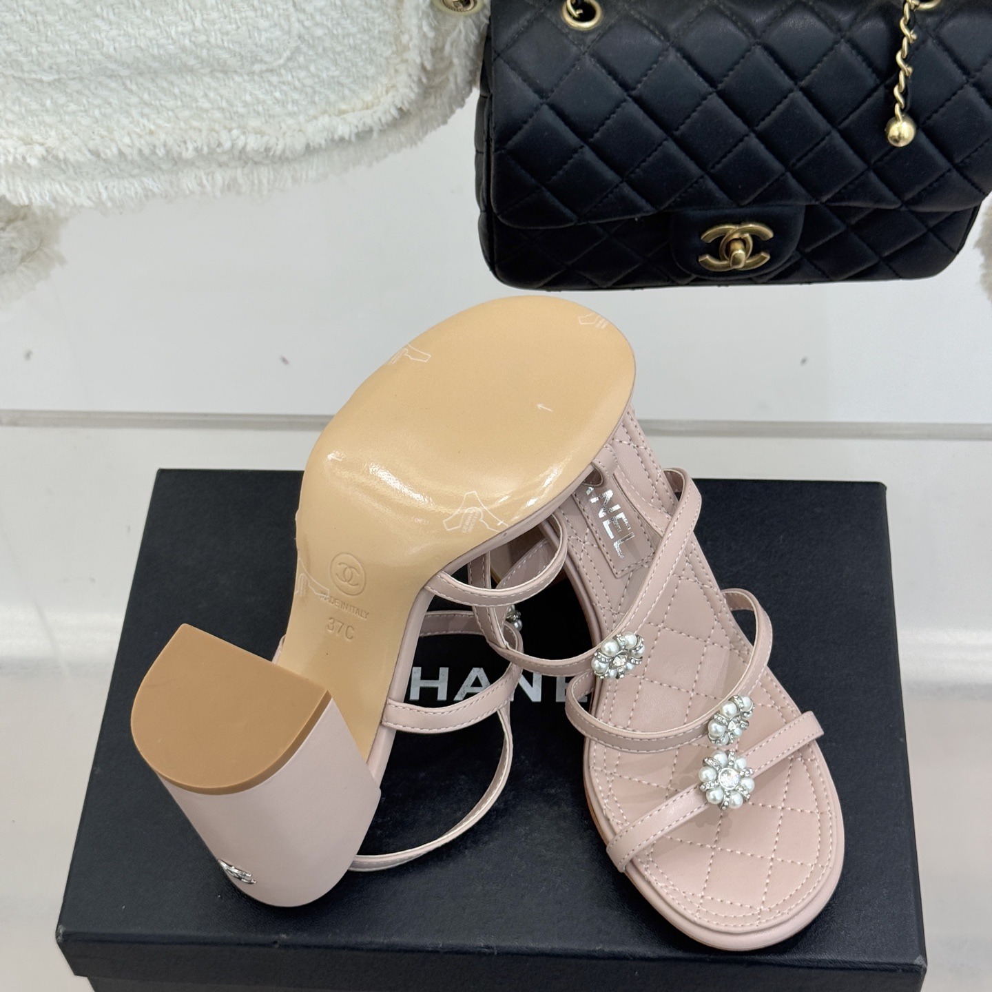 CHANEL Spring Camellia Pearl-Trimmed Block Heel Sandals in Genuine Lambskin with Italian Leather Sole