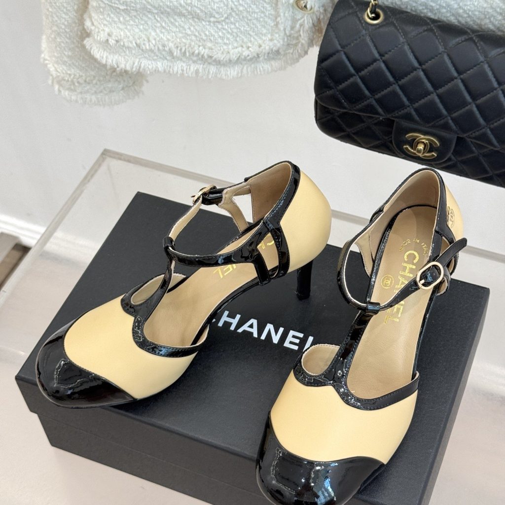 CHANEL Two-Tone T-Strap Open-Toe High Heel Sandals in Patent and Lambskin with Italian Leather Sole