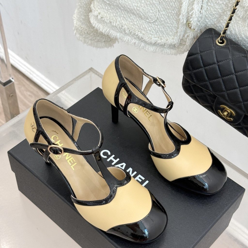 CHANEL Two-Tone T-Strap Open-Toe High Heel Sandals in Patent and Lambskin with Italian Leather Sole