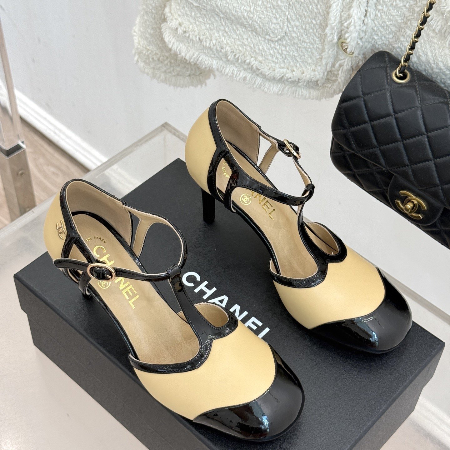 CHANEL Two-Tone T-Strap Open-Toe High Heel Sandals in Patent and Lambskin with Italian Leather Sole
