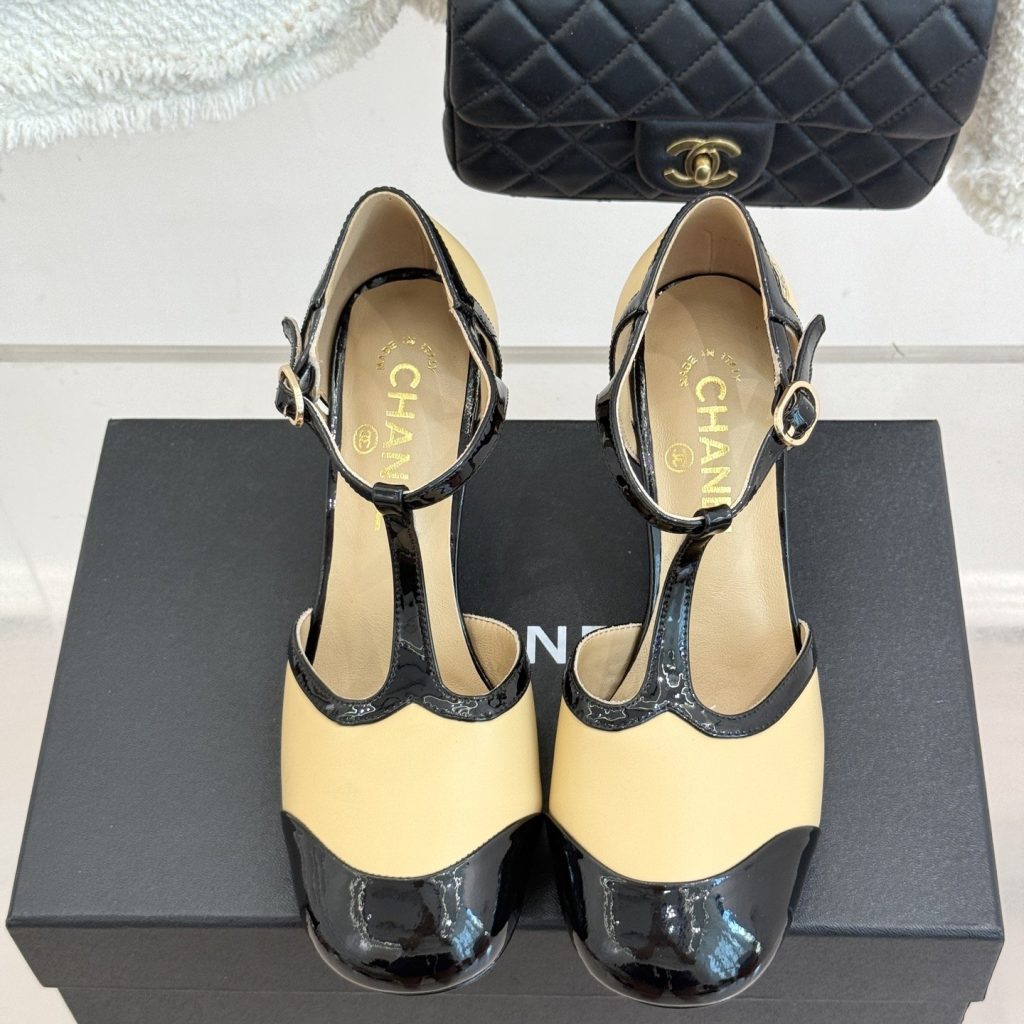 CHANEL Two-Tone T-Strap Open-Toe High Heel Sandals in Patent and Lambskin with Italian Leather Sole