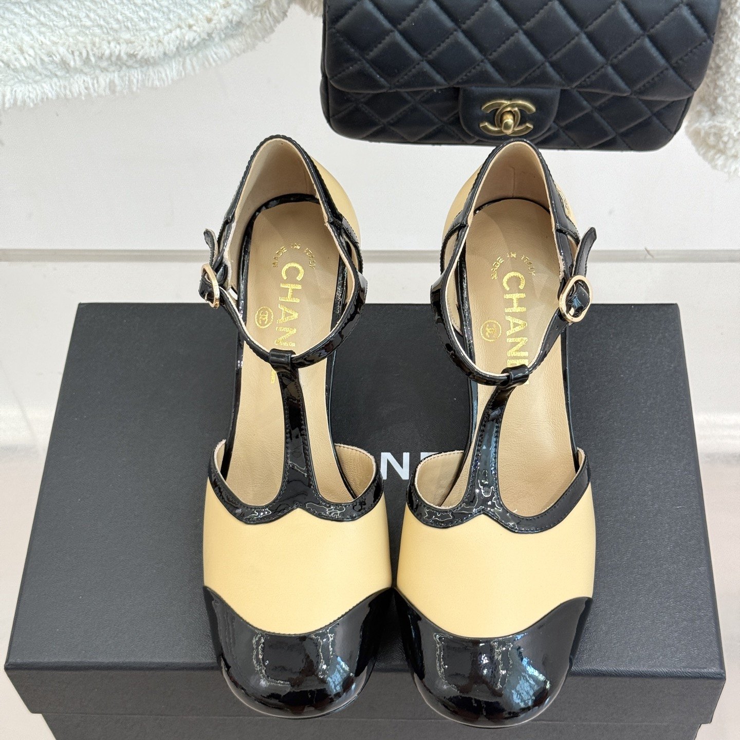 CHANEL Two-Tone T-Strap Open-Toe High Heel Sandals in Patent and Lambskin with Italian Leather Sole