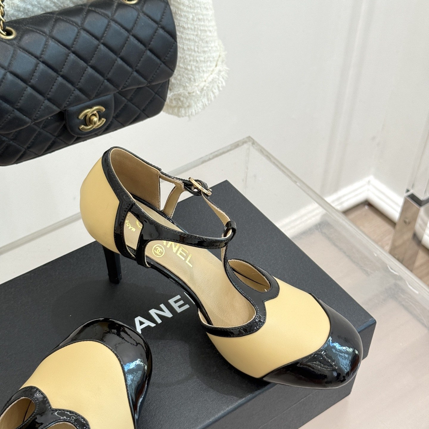CHANEL Two-Tone T-Strap Open-Toe High Heel Sandals in Patent and Lambskin with Italian Leather Sole