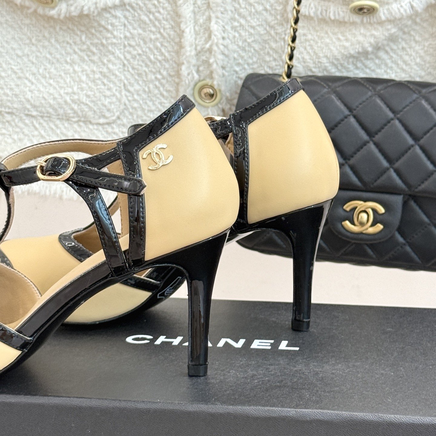 CHANEL Two-Tone T-Strap Open-Toe High Heel Sandals in Patent and Lambskin with Italian Leather Sole