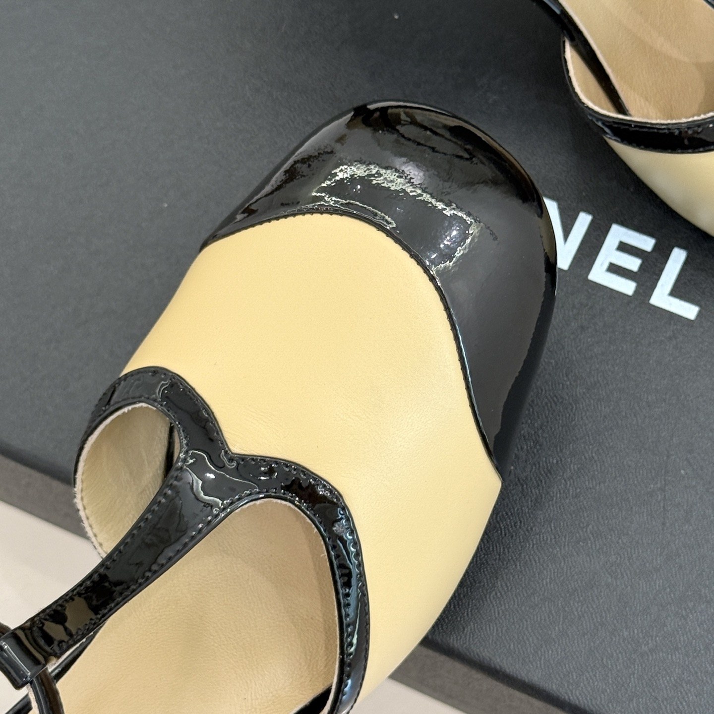 CHANEL Two-Tone T-Strap Open-Toe High Heel Sandals in Patent and Lambskin with Italian Leather Sole