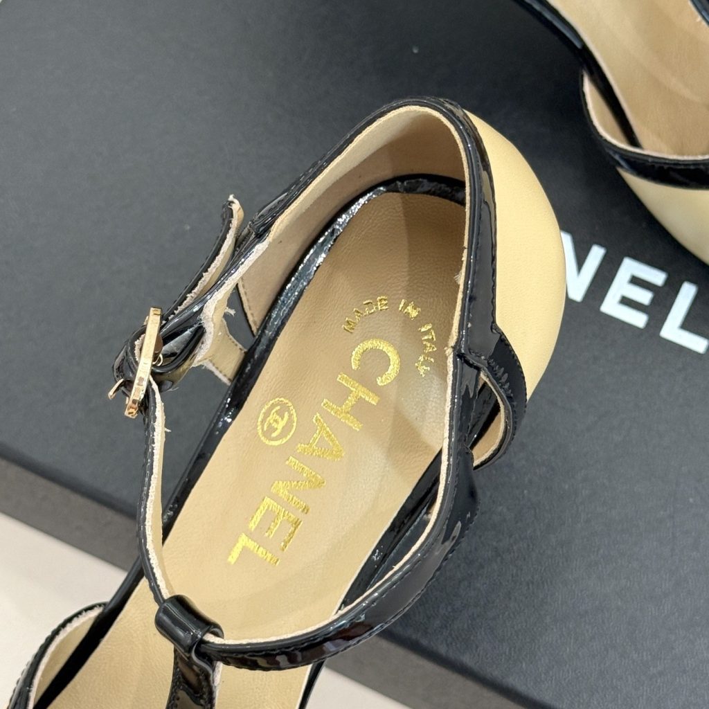 CHANEL Two-Tone T-Strap Open-Toe High Heel Sandals in Patent and Lambskin with Italian Leather Sole