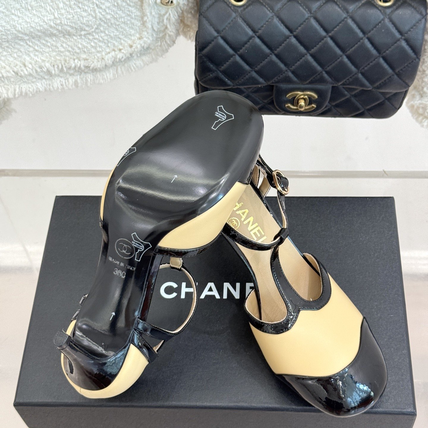 CHANEL Two-Tone T-Strap Open-Toe High Heel Sandals in Patent and Lambskin with Italian Leather Sole