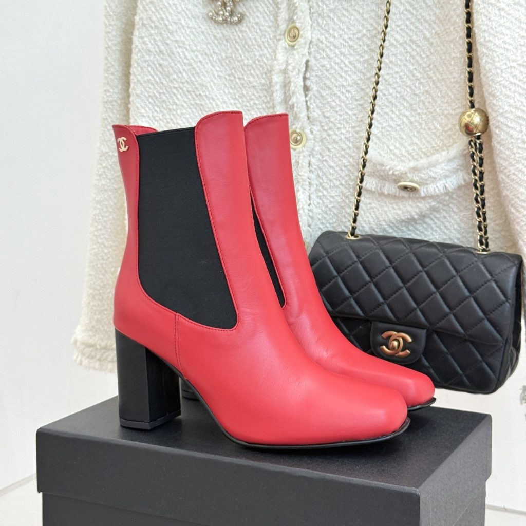 CHANEL Square Toe Chelsea Block Heel Short Boots in Genuine Lambskin with Italian Leather Sole