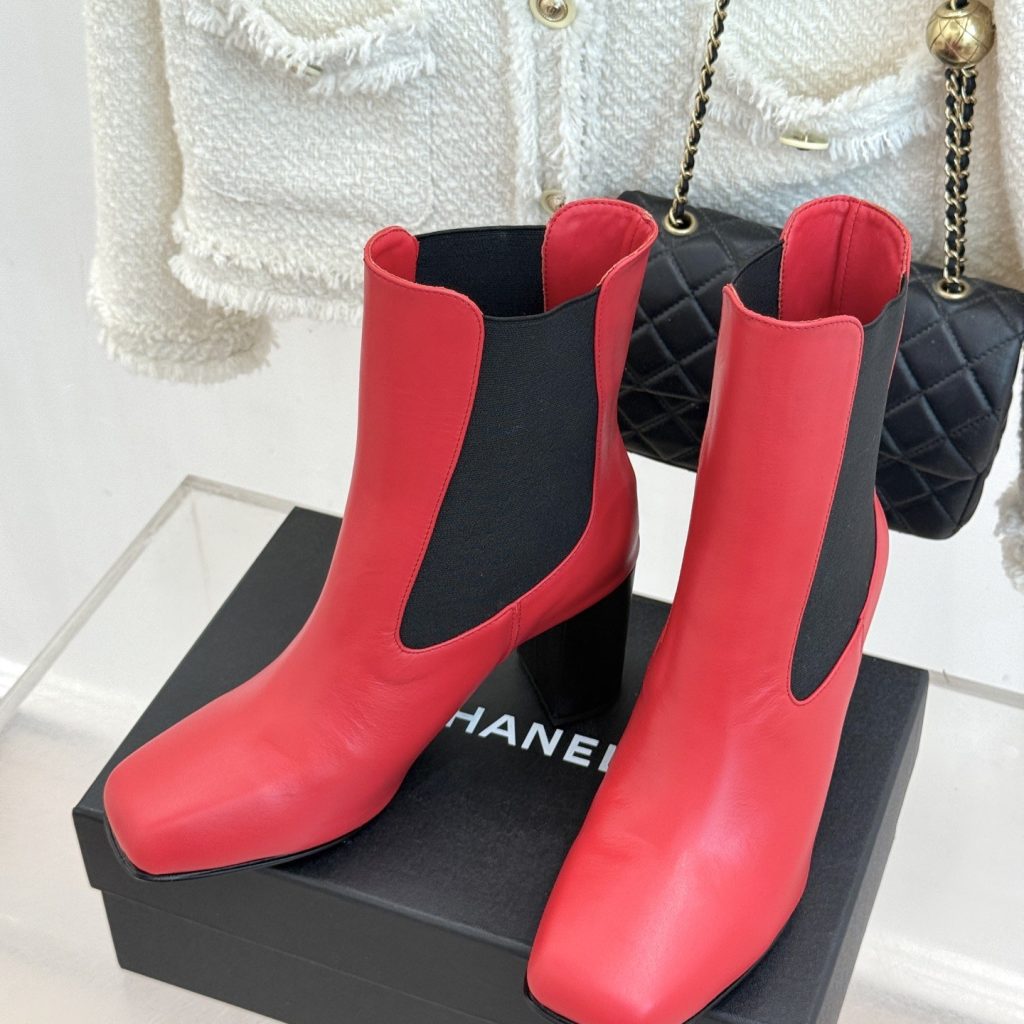 CHANEL Square Toe Chelsea Block Heel Short Boots in Genuine Lambskin with Italian Leather Sole