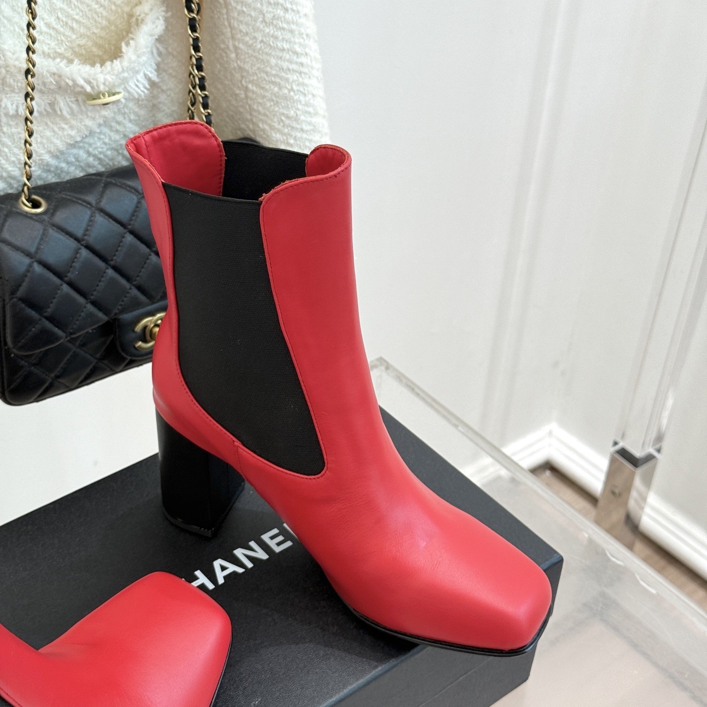 CHANEL Square Toe Chelsea Block Heel Short Boots in Genuine Lambskin with Italian Leather Sole