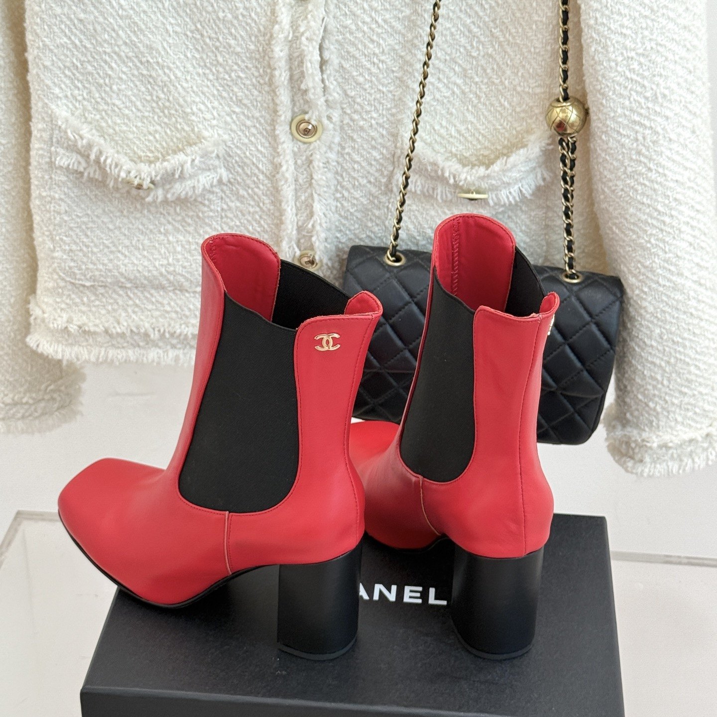 CHANEL Square Toe Chelsea Block Heel Short Boots in Genuine Lambskin with Italian Leather Sole