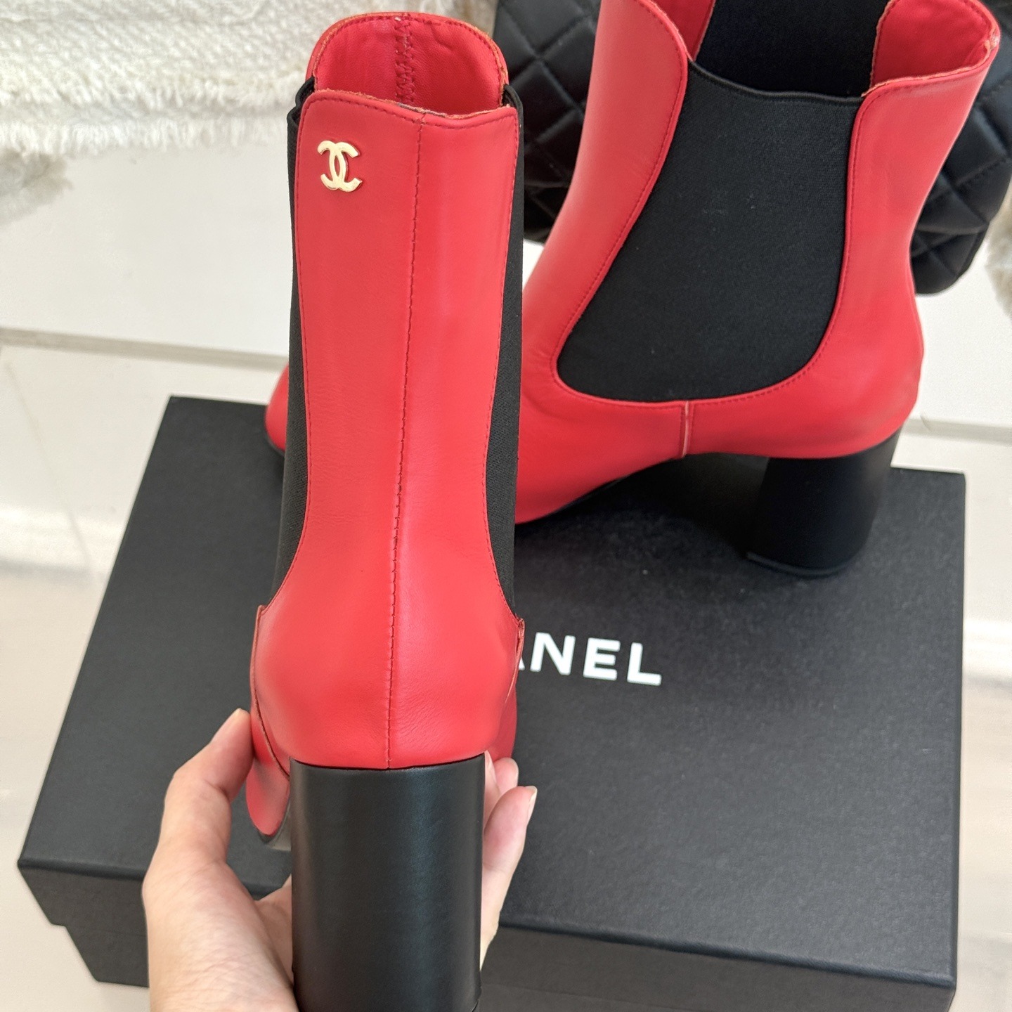 CHANEL Square Toe Chelsea Block Heel Short Boots in Genuine Lambskin with Italian Leather Sole