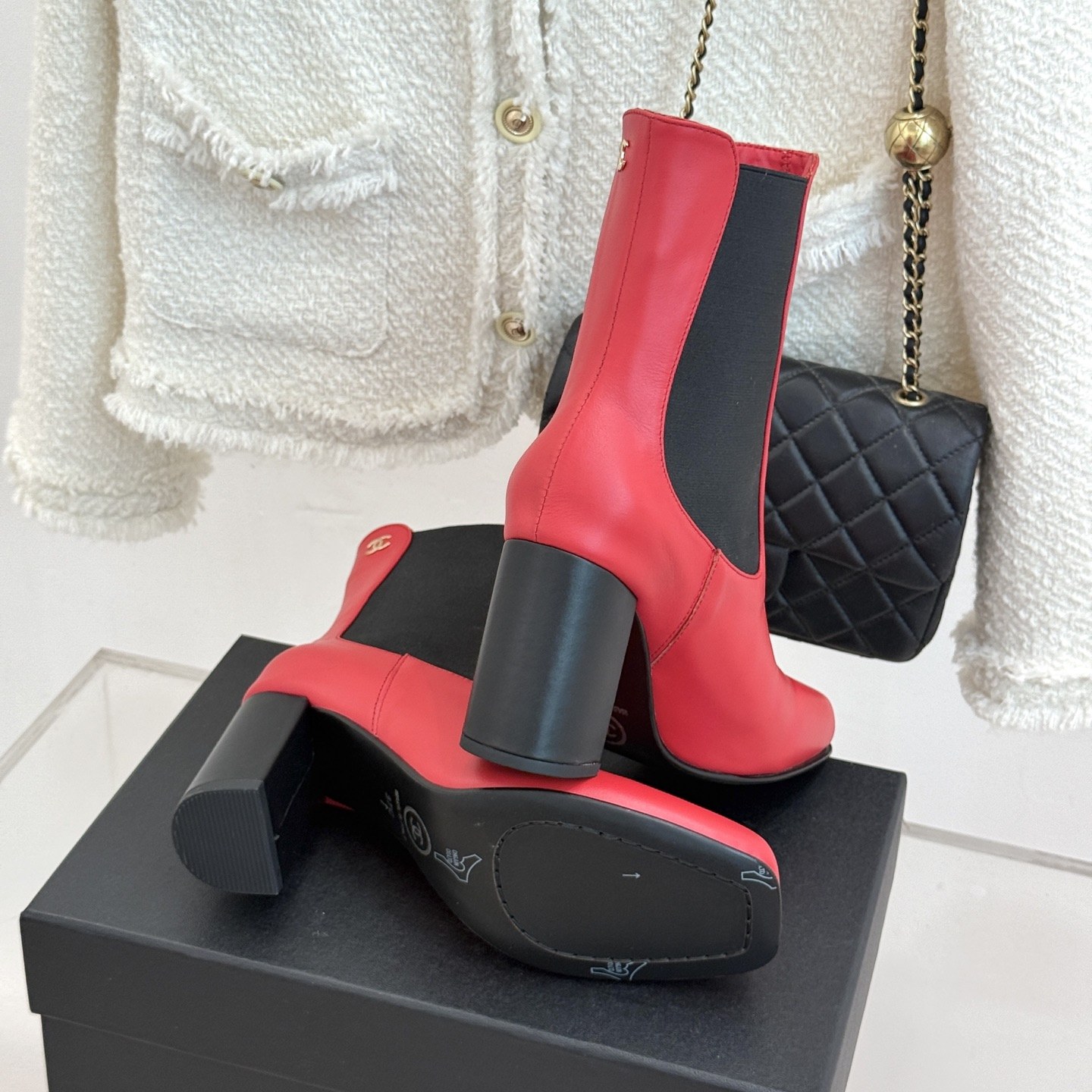 CHANEL Square Toe Chelsea Block Heel Short Boots in Genuine Lambskin with Italian Leather Sole