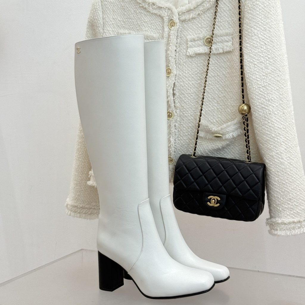 CHANEL Square Toe Block Heel Long Boots in Genuine Lambskin with Italian Leather Sole
