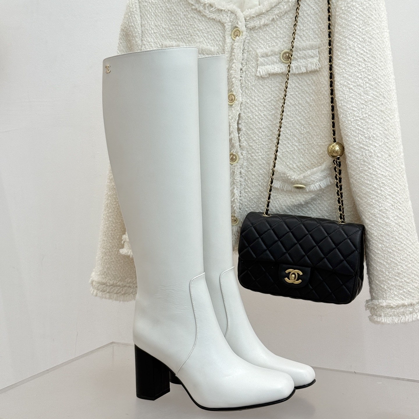 CHANEL Square Toe Block Heel Long Boots in Genuine Lambskin with Italian Leather Sole
